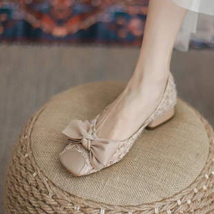 三公分蝴蝶结高跟鞋女粗跟夏季不累脚气质裸色春秋单鞋名媛方头