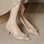 单鞋 羊皮裸色尖头蝴蝶结细跟3公分高跟鞋 女配裙子2025春秋款 软皮
