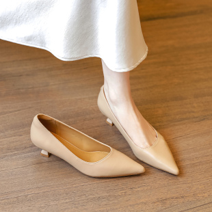 真皮法式裸色尖头细跟小跟3cm高跟鞋女春秋单鞋工作软皮不累脚