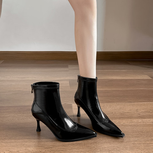 显瘦尖头高跟鞋短靴女瘦瘦弹力靴