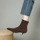 棕色细跟尖头小跟低跟3cm短靴女秋冬高跟鞋 加绒不累脚单靴瘦瘦靴