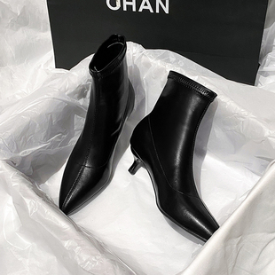 黑色尖头细跟小跟3cm工作高跟鞋短靴女软皮秋冬款加绒单靴弹力靴