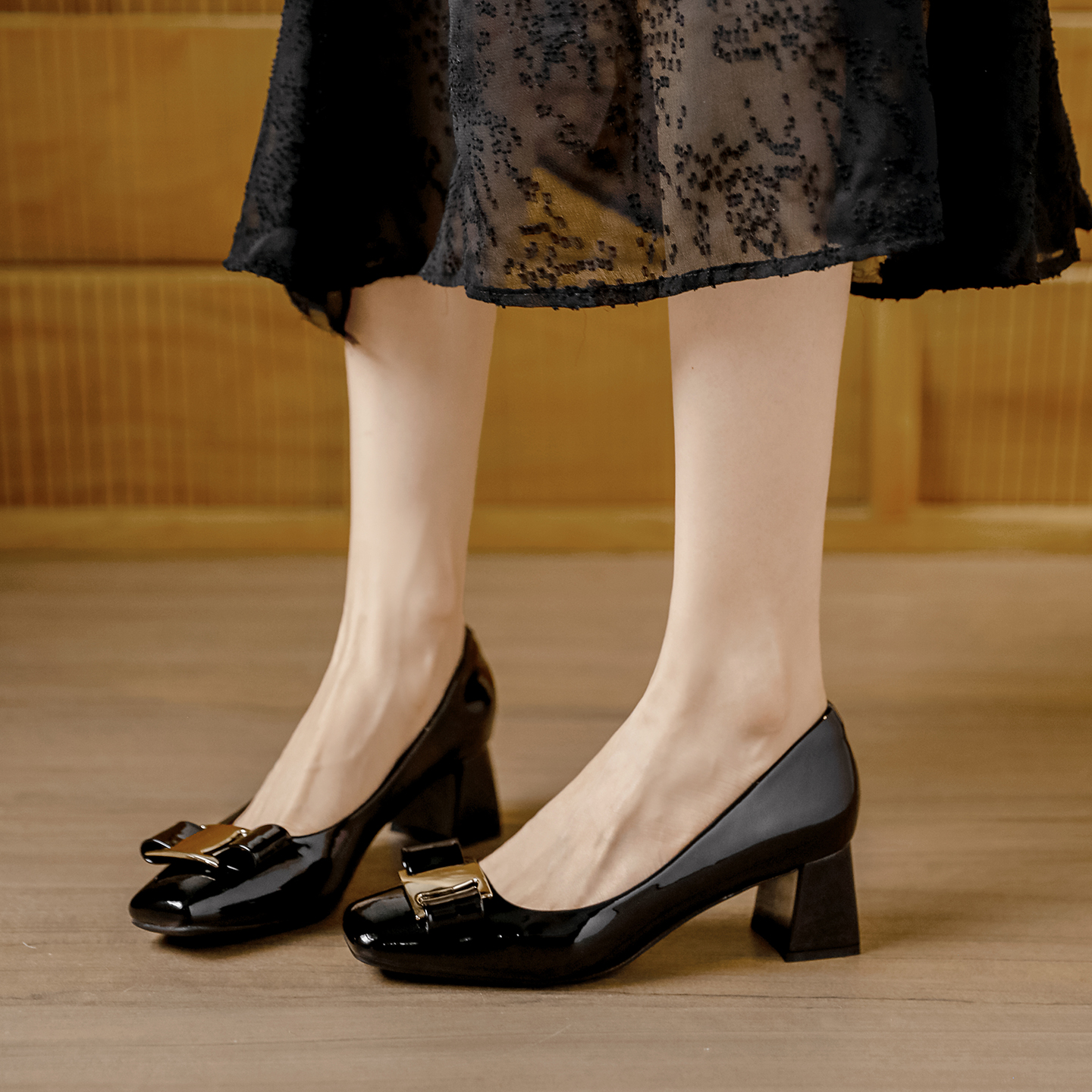 真皮软皮方头蝴蝶结粗跟单鞋