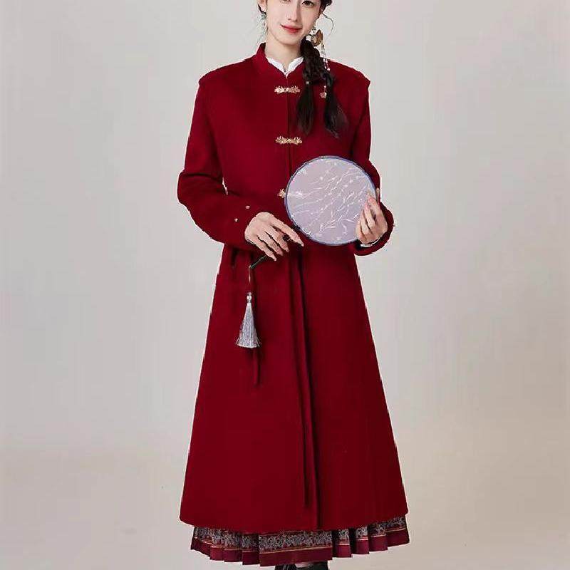 冬季复古国风新中式立领红色结婚收腰显瘦女中长款羊毛呢子外套
