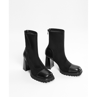 【跟高8CM】黑色绒面防水台增高厚底高跟短靴冬季保暖女靴瘦瘦靴