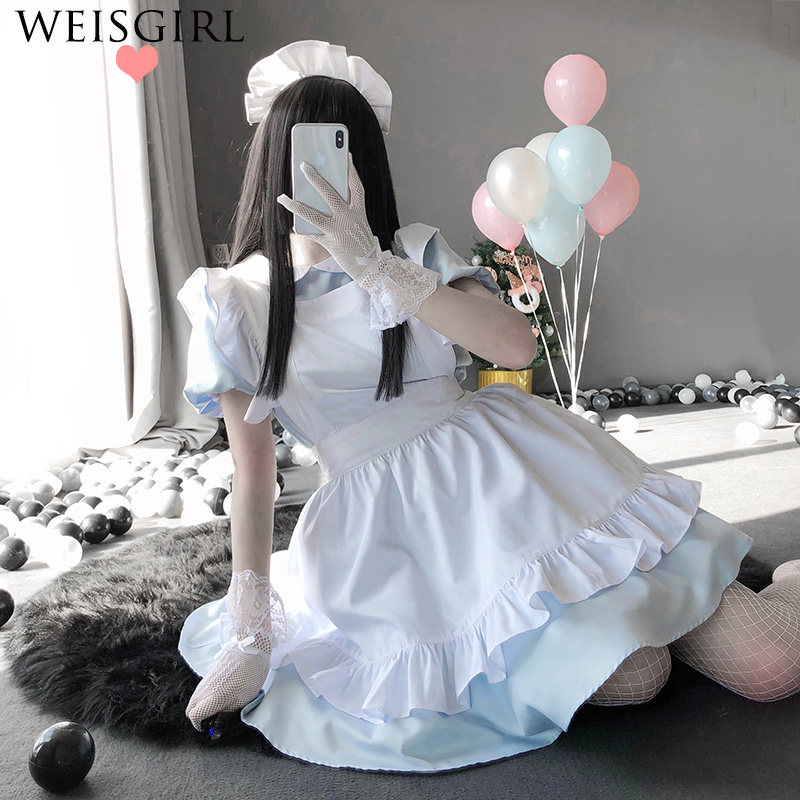 FRESH POWDER BLUE MAID UNIFORM SEDUCTIVE CUTE LITTLE FAIRY DRESS SUMMER COS MAID STUDENT SET