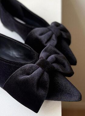 韩国东大门代购气质显瘦甜美氛围感蝴蝶结尖头毛呢丝绒低跟单鞋女