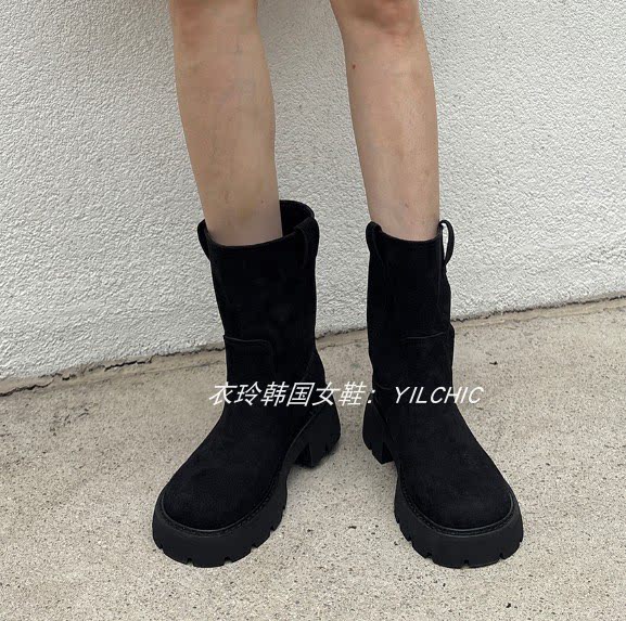 韩国东大门女鞋麂皮粗跟厚底增高直筒短筒靴圆头休闲