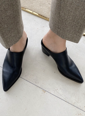 韩国代购外穿包头穆勒鞋半拖鞋粗跟尖头鞋软皮小众设计感衣玲女鞋