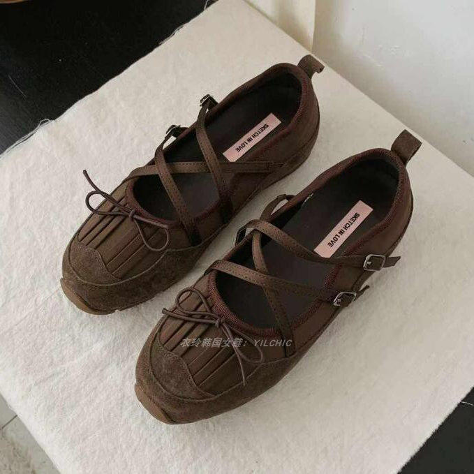 韩国女鞋蝴蝶结百褶磨砂皮厚底玛丽珍减龄芭蕾风休闲鞋女单鞋老爹