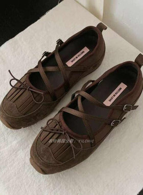 韩国女鞋蝴蝶结百褶磨砂皮厚底玛丽珍减龄芭蕾风休闲鞋女单鞋老爹