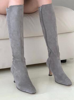 韩国东大门女鞋气质显瘦高级灰侧拉链粗跟性感包腿瘦瘦高筒长靴女