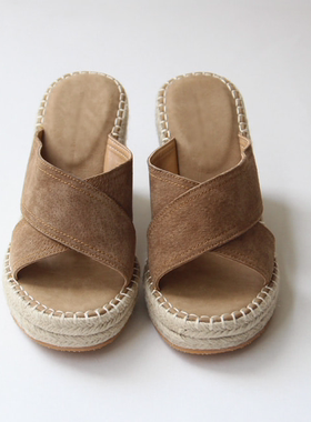 东大门女鞋欧美时尚亚麻草编织坡跟凉拖鞋交叉带翻毛真皮爆款