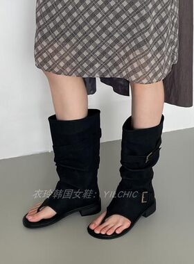 东大门复古夹趾圆头中筒凉靴女