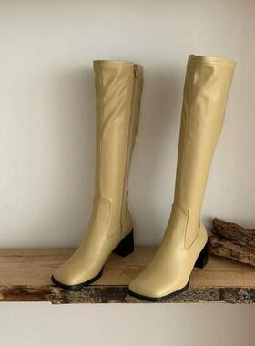 年新骑士靴女秋冬粗跟方头长靴侧拉链不过膝瘦瘦靴女衣玲女鞋