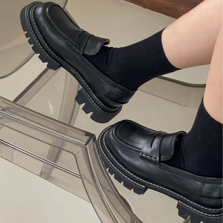 韩国东大门代购女鞋学院气质显瘦套脚松糕厚底圆头小皮鞋单鞋女