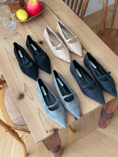 女 韩国东大门秋冬毛呢绒面浅口一字带平底尖头单鞋