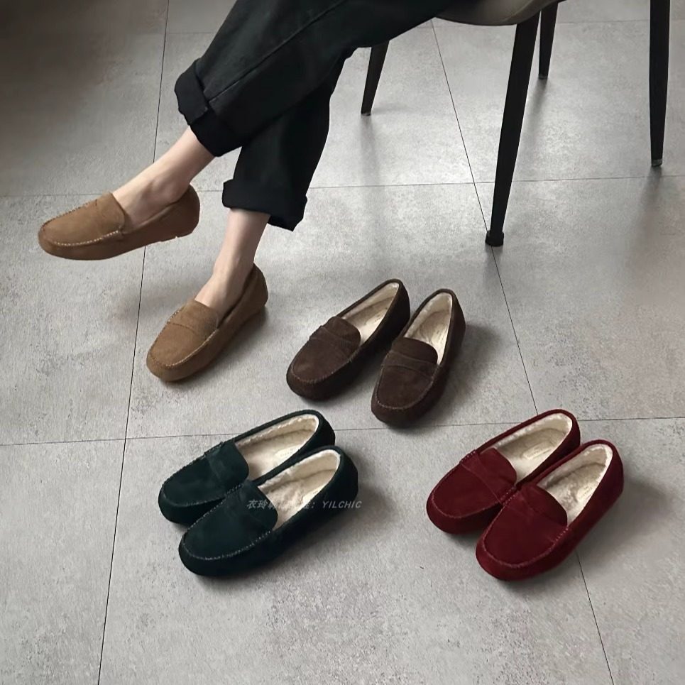 韩国麂皮豆豆鞋女一脚蹬圆头浅口乐福鞋保暖懒人鞋