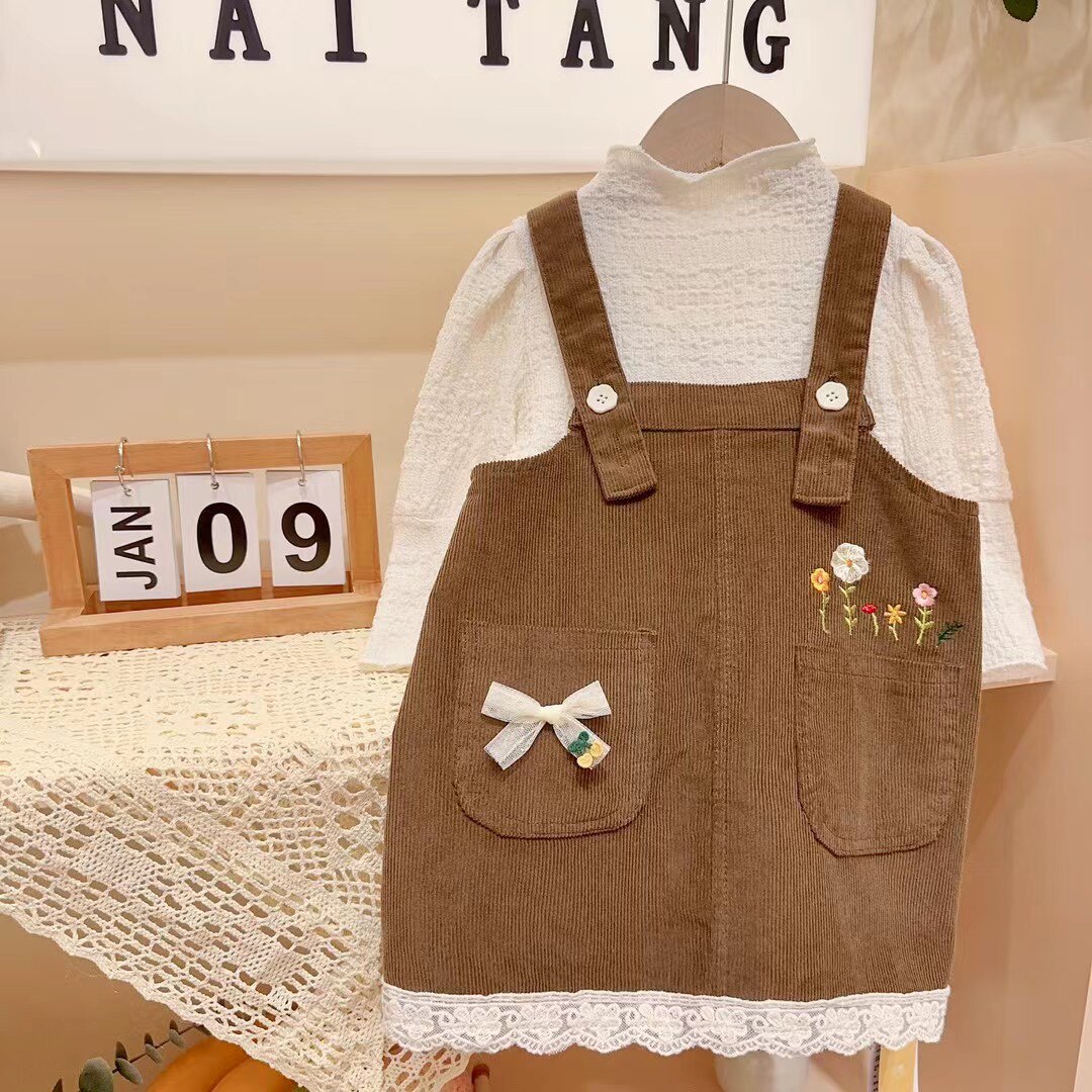乃糖｜灯芯绒刺绣两套装80码女宝背带裙周岁服森系复古韩系公主裙