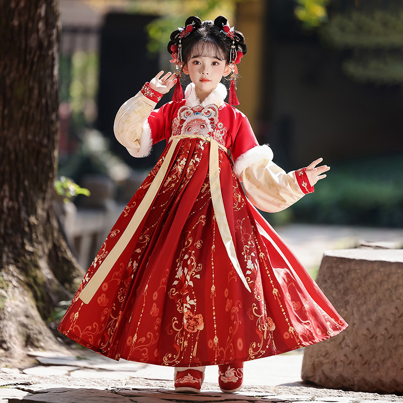 汉服女童秋冬季2025新款古风公主连衣裙加绒儿童国风唐装女孩裙子
