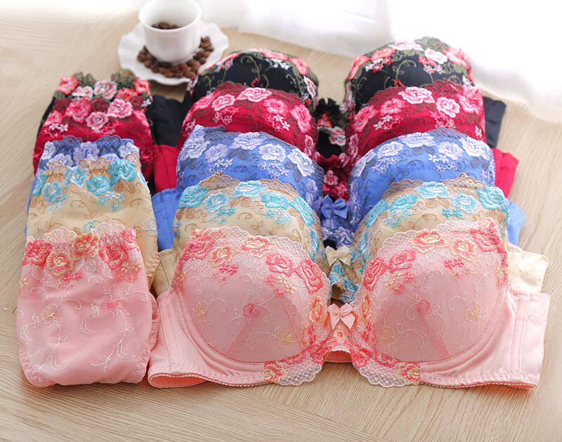 甩货原单日黛家刺绣花朵甜美薄大罩杯内衣超大码文胸套装85-100FG