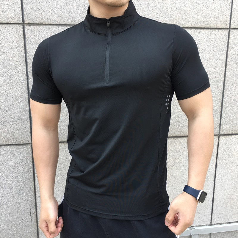 男士吸湿排汗T恤高领拉链运动健身训练短袖紧身弹力透气速干半袖