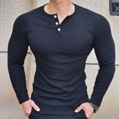 弹力条纹修身 秋冬新款 亨利领运动休闲打底衫 健身长袖 内搭T恤 美式