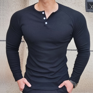 弹力条纹修身 秋冬新款 亨利领运动休闲打底衫 健身长袖 内搭T恤 美式