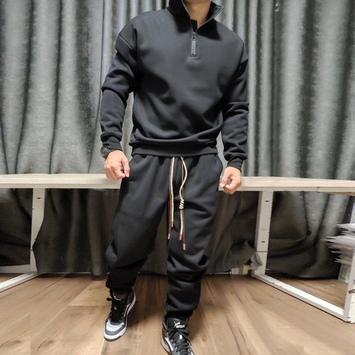秋冬美式立领加绒运动套装