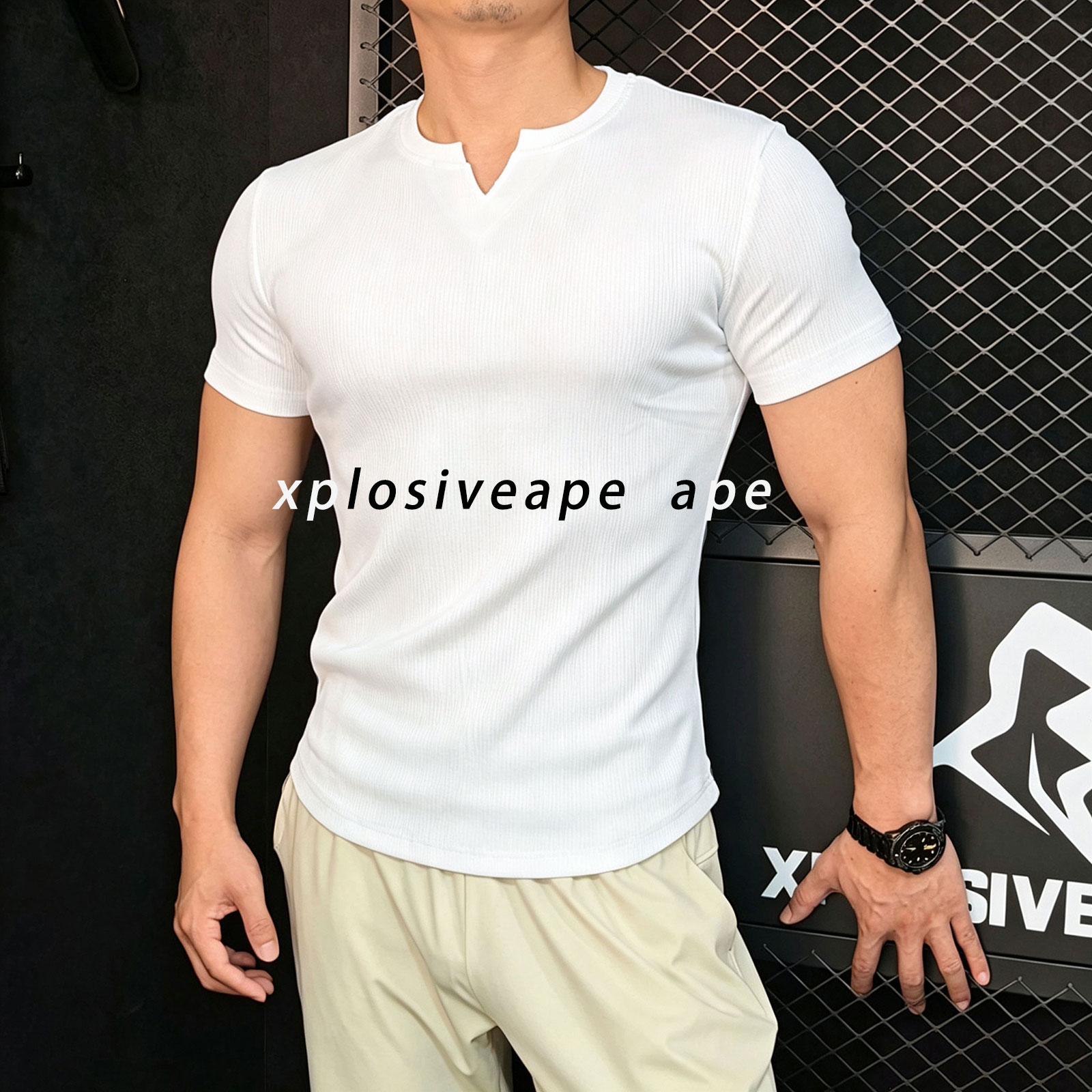 螺纹棉V领短袖运动T恤男白色修身弹力健身跑步训练上衣肌理感打底