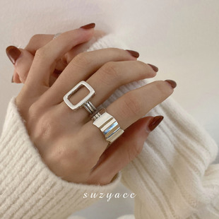 s925纯银镂空几何中性风指环开口食指戒指女网红时尚 高级气质 个性