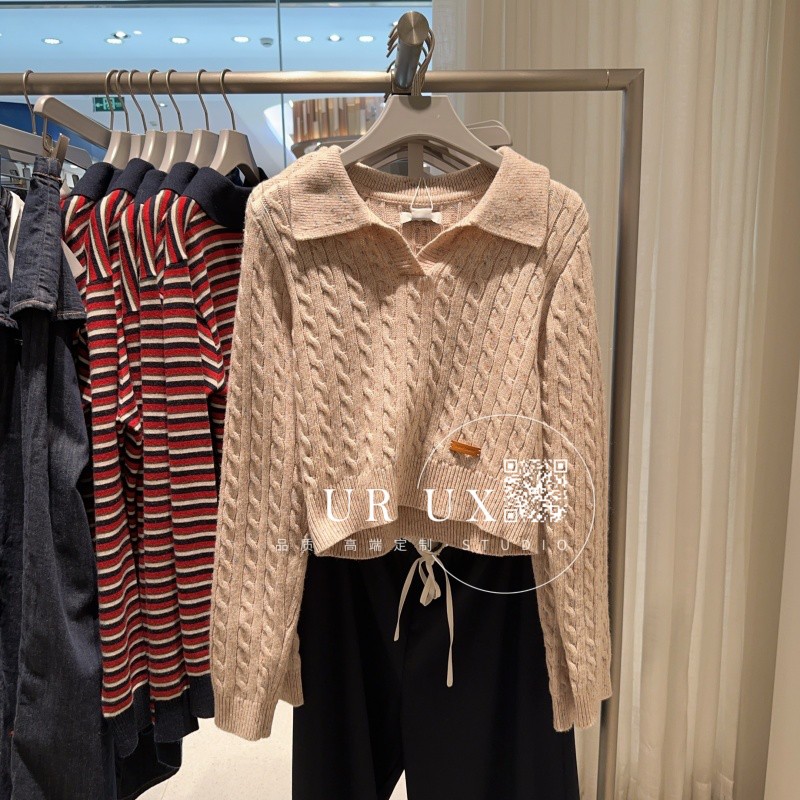 UR UX女装2025春季新款时尚复古学院风绞花肌理感小个子针织衫ins