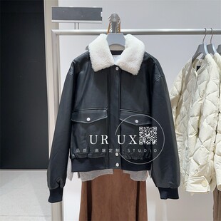 UR UX女装2024冬新款时尚百搭潮酷撞色翻领PU皮宽松棉服外套上衣