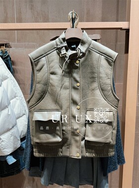 UR UX女装2024冬季新款时尚都市百搭摩登复古气质PU无袖马甲外套