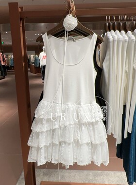 UR UX女装2025春季新款时尚甜美芭蕾风拼接蕾丝修身无袖连衣裙ins