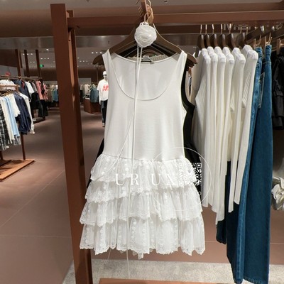UR UX女装2025春季新款时尚甜美芭蕾风拼接蕾丝修身无袖连衣裙ins