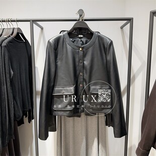 UR UX女装2024冬季新款时尚法式气质酷飒风纽扣口袋皮衣外套上衣