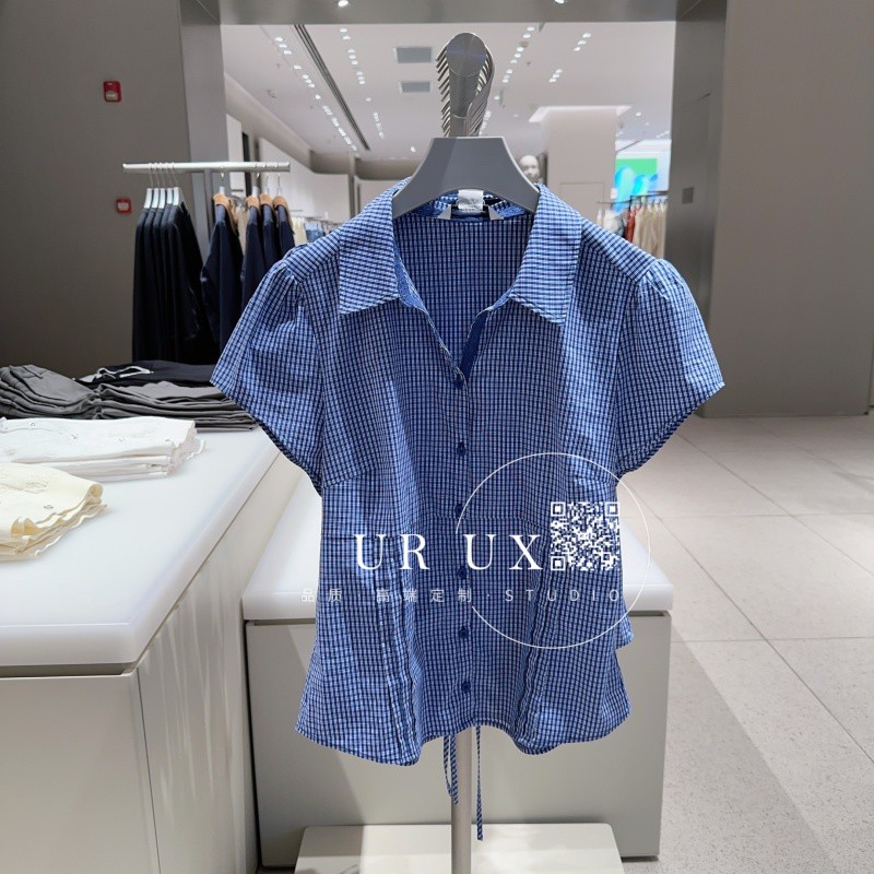 UR UX女装2025春季新款都市百搭时尚休闲撞色格纹系带开襟衬衫ins