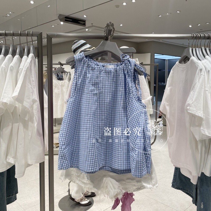 UR UX女装2025夏季新款时尚气质休闲撞色格纹系带罩衫无袖衬衫