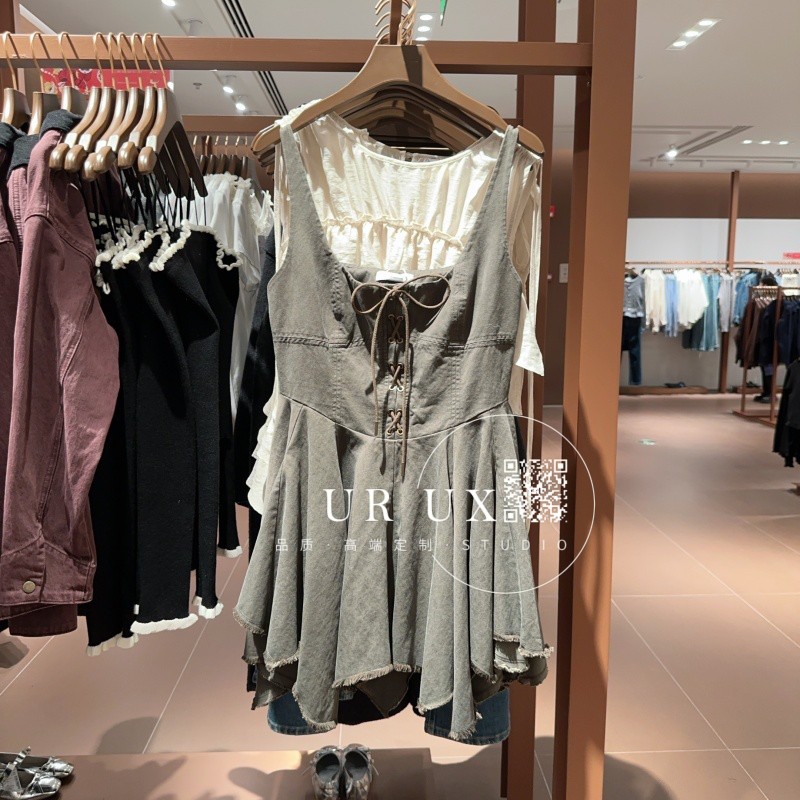 UR UX女装2025春季新款时髦百搭甜美不规则小个子绑带吊带连衣裙