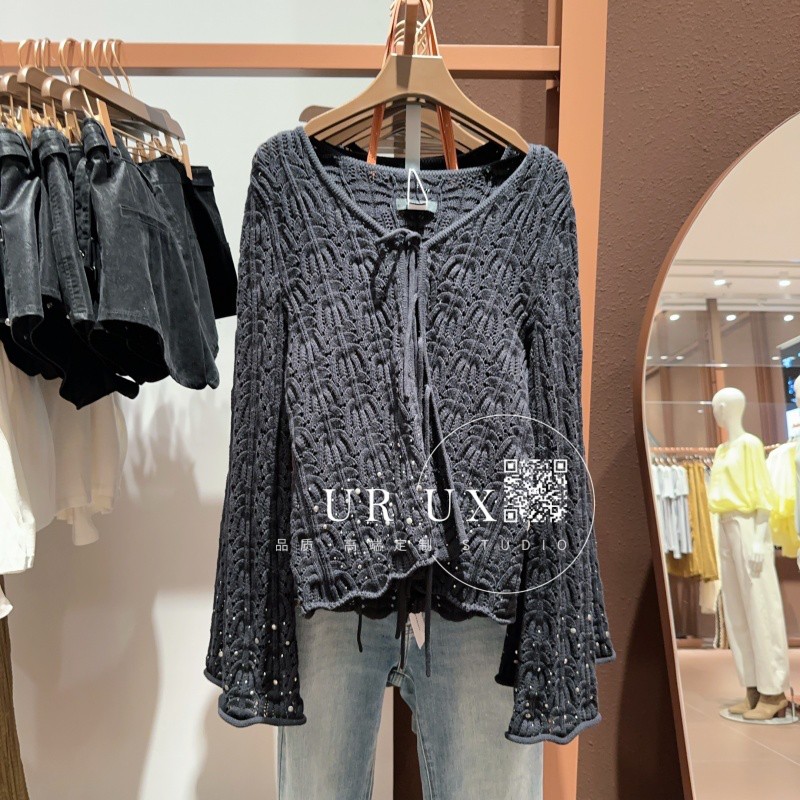 UR UX女装2025春季新款法式气质时髦设计感钉珠饰系带针织开衫ins