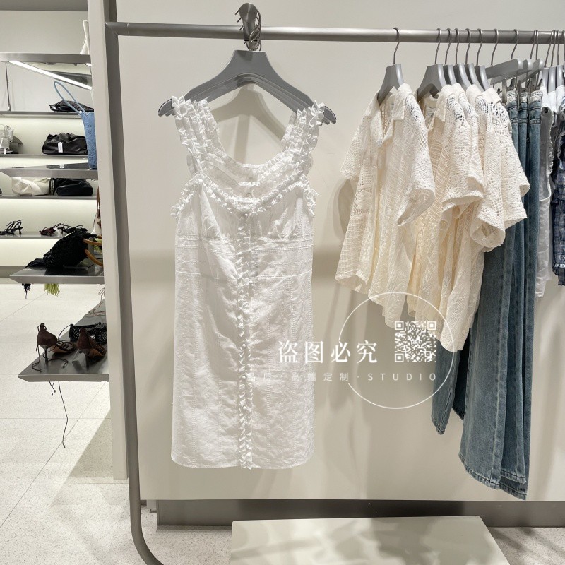 UR UX女装2025夏季新款时尚百搭纯色度假波嬉风木耳边吊带连衣裙