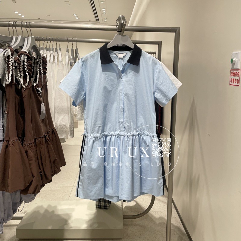 UR UX女装2025春季新款时尚百搭气质休闲撞色抽绳收腰连衣裙