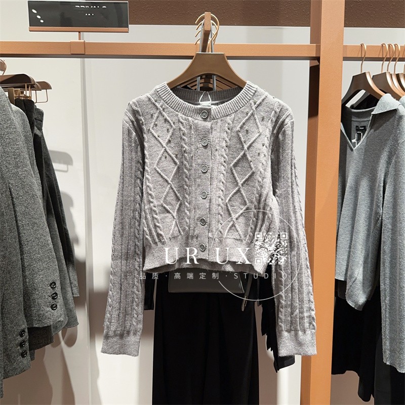 UR UX女装2024冬季新款BM时尚百搭气质提花肌理钉珠软糯针织开衫
