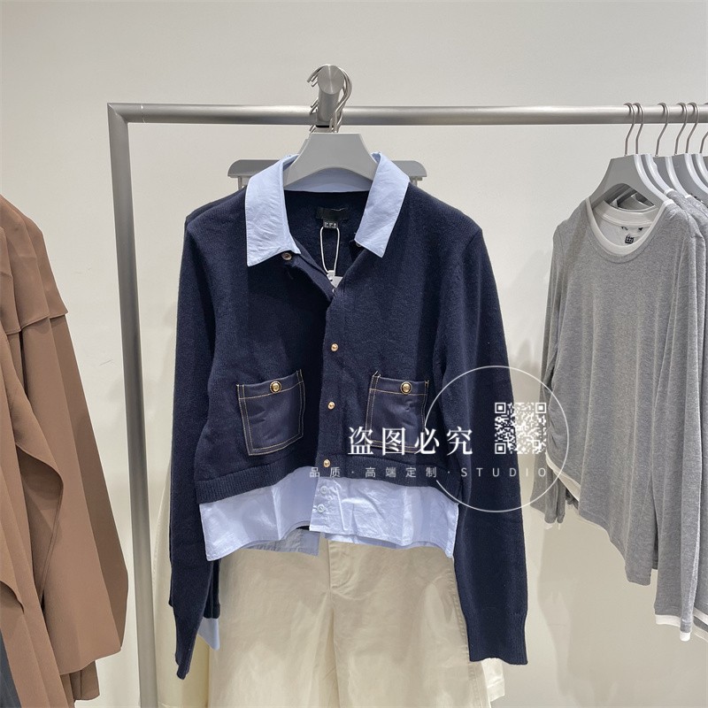 UR UX女装2025秋季新款时尚百搭气质撞色假两件拼接短款针织开衫