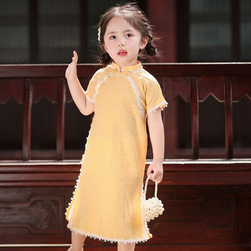 儿童旗袍夏季2026新款女童唐装连衣裙新中式轻薄复古黄色礼服送考