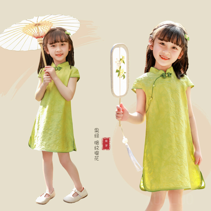 女童旗袍连衣裙夏季中式童装绿色