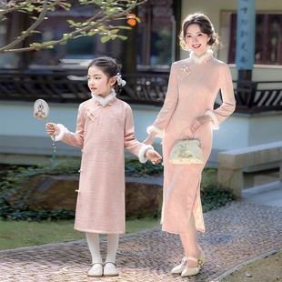 粉色亲子旗袍母女装新中式2025新款儿童唐装冬装连衣裙加厚中国风