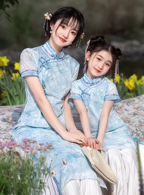 亲子装母女俩一模一样儿童旗袍新中式唐装女童国风连衣裙夏季蓝色