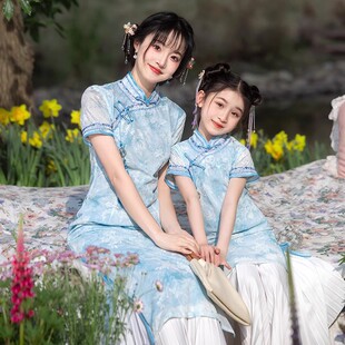 亲子装母女俩一模一样儿童旗袍新中式唐装女童国风连衣裙夏季蓝色
